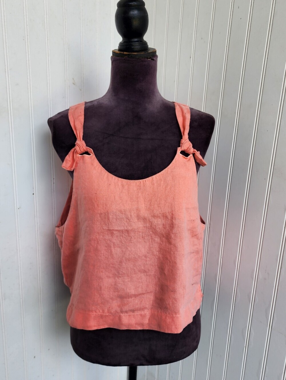 English Ivy 100% linen tank top tie strap sleeve Coral Orange Sz L